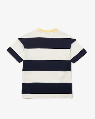 Camiseta infantil em algod&atilde;o listrado com decote careca