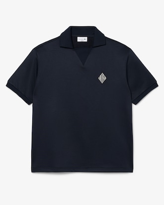 Loose Fit Badge Accent Fleece Polo Shirt