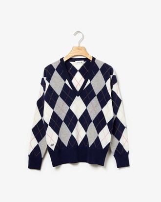 Su&eacute;ter feminino em l&atilde; com design em jacquard e decote em V profundo