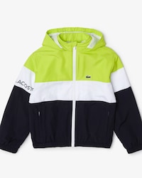 Jaqueta infantil Lacoste em poli&eacute;ster reciclado com z&iacute;per e capuz