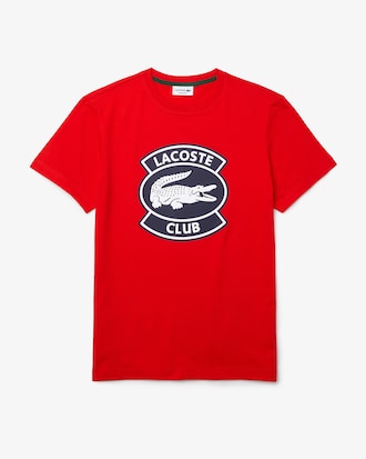 Camiseta masculina em algod&atilde;o com decote careca e emblema grande Lacoste Club