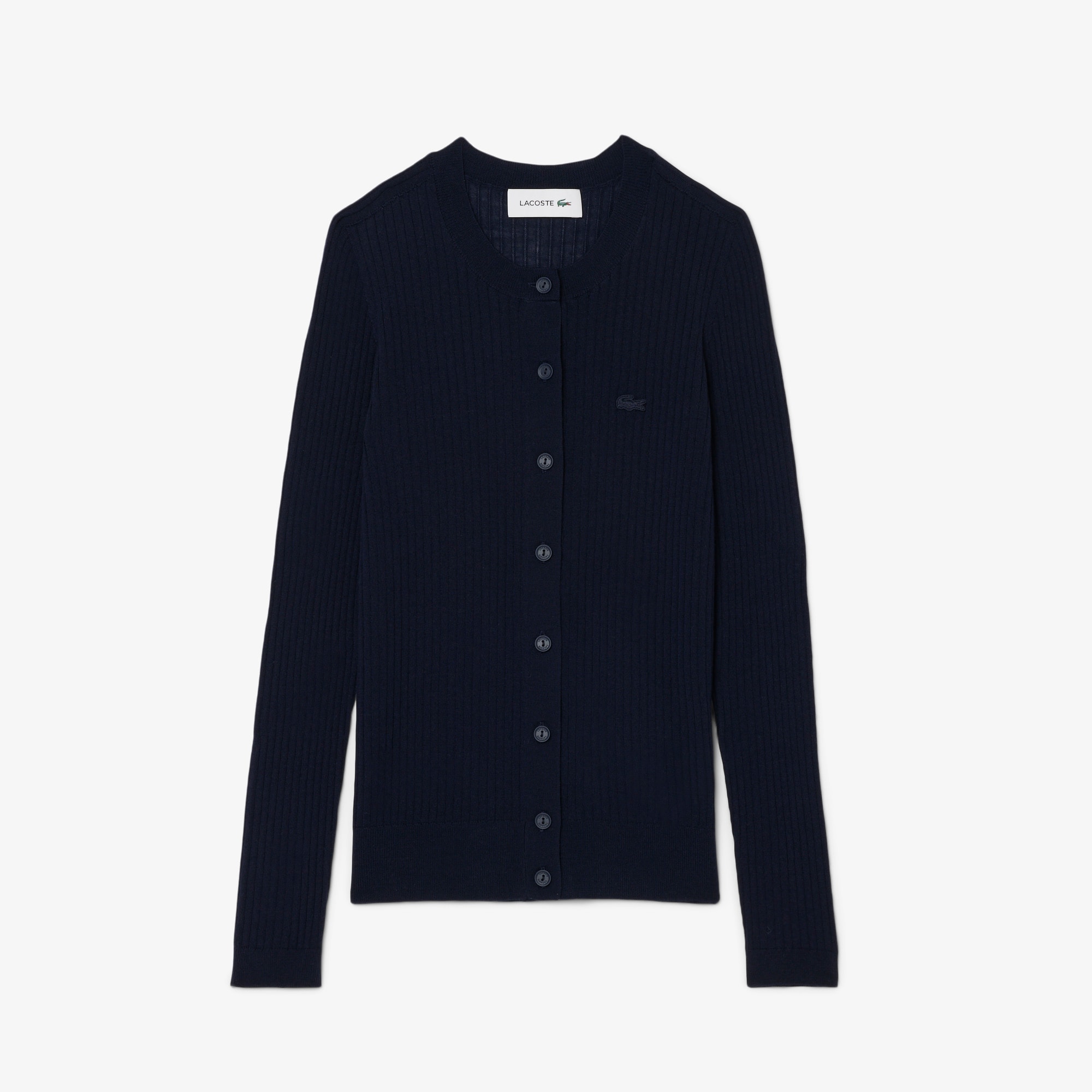 Cardigan Lacoste de Lã Merino Canelada Sem Costura e Botões