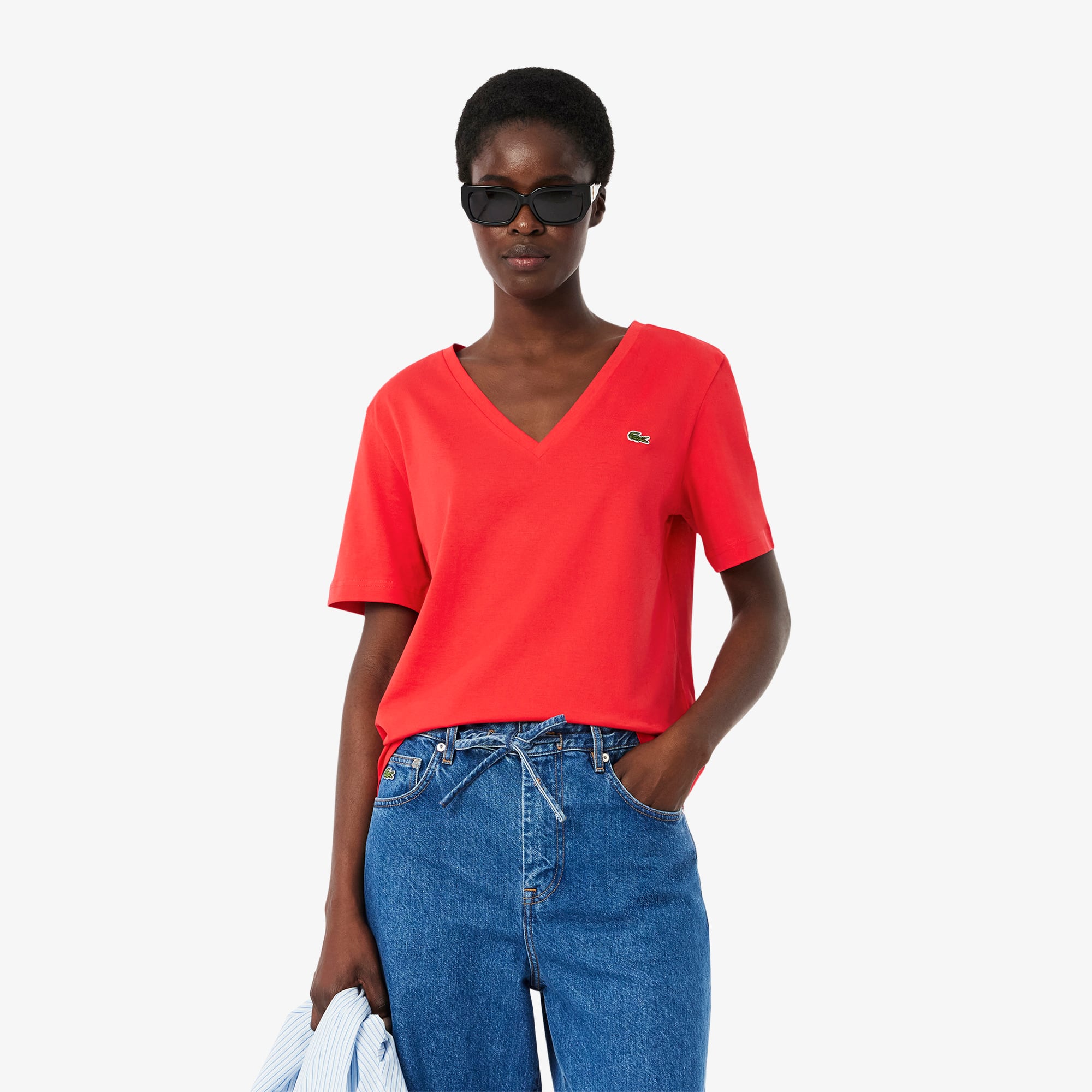 ラクレコ Camiseta de Algodão Lacoste Feminina Gola V e Caimento Relaxado