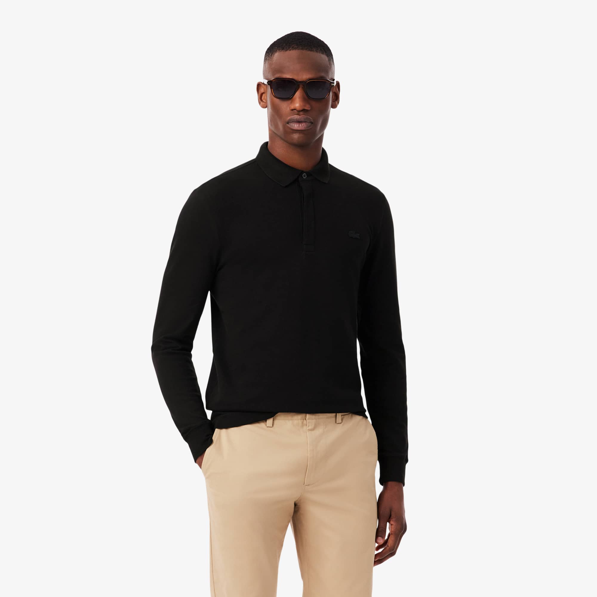 Polo Masculina Paris Manga Longa em Algodão Piqué com Stretch