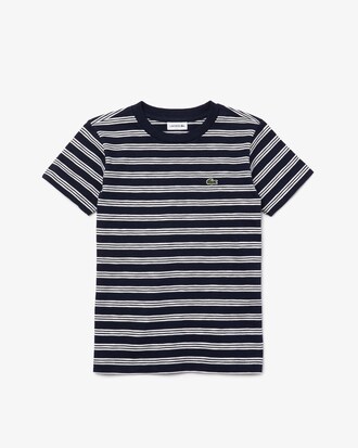 Camiseta infantil em algod&atilde;o listrado tricolor com decote careca