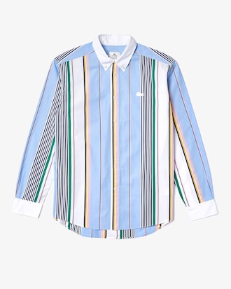 Camisa masculina Lacoste LIVE em algod&atilde;o com modelagem solta e listras desiguais