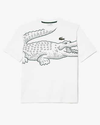 Camiseta masculina Lacoste com decote redondo, modelagem solta e estampa de crocodilo