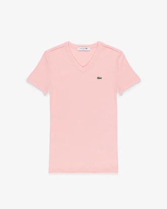 Camiseta feminina Lacoste Slim Fit em algodão orgânico com decote em V