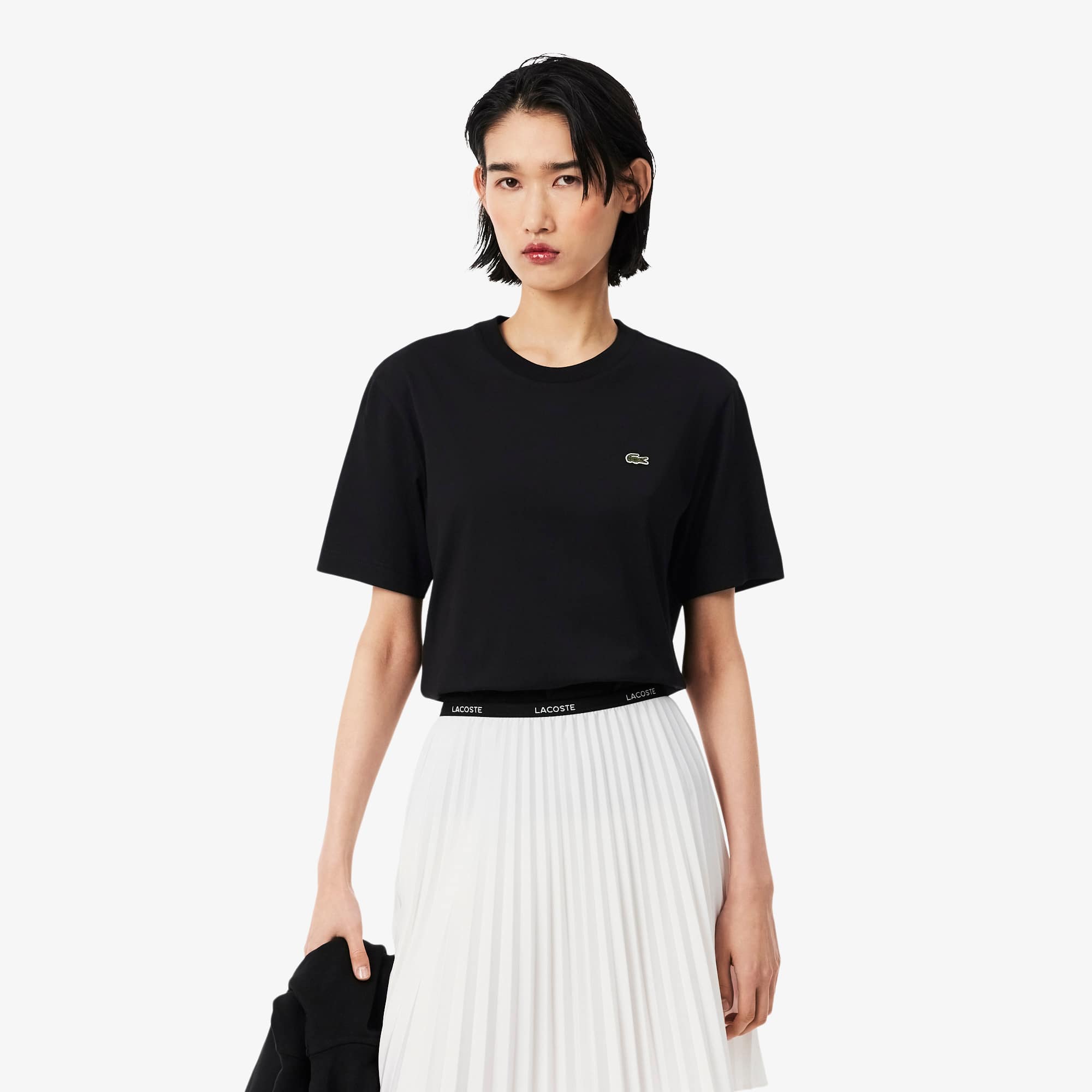 latte620　レディース　BLK S Camiseta de Algodão Pima Jersey Lacoste de Ajuste Relaxado