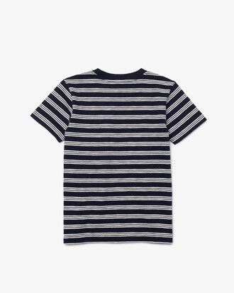 Camiseta infantil em algod&atilde;o listrado tricolor com decote careca