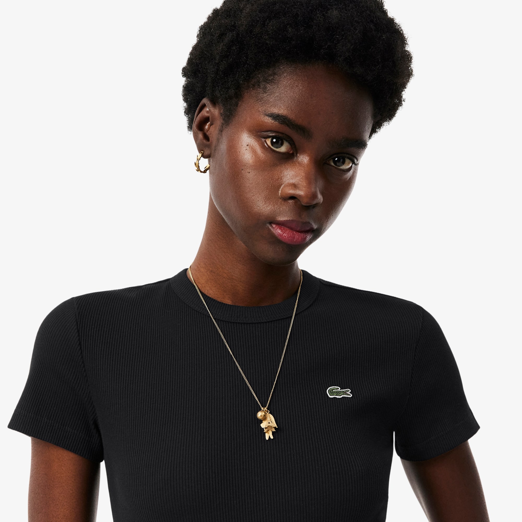 Camiseta Canelada Feminina Lacoste com Gola Redonda