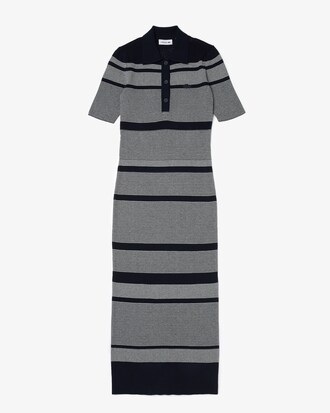 Vestido polo feminino em malha de mistura de algod&atilde;o listrado com comprimento m&eacute;dio