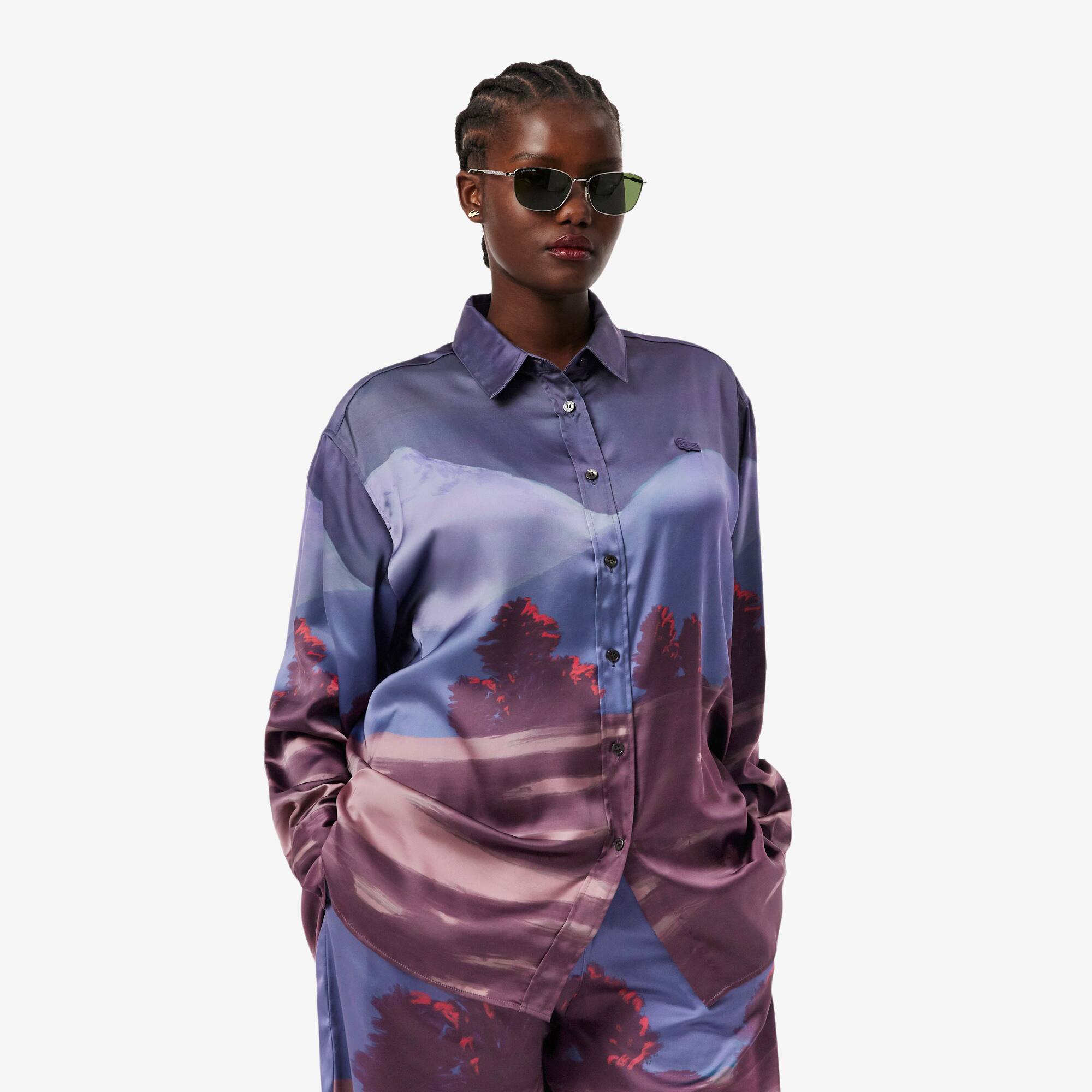 Camiseta Oversized Feminina de Cetim com Estampa