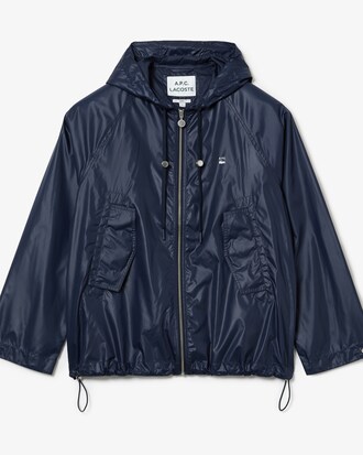 Jaqueta unissex Lacoste x A.P.C. em n&aacute;ilon resistente &agrave; &aacute;gua com capuz