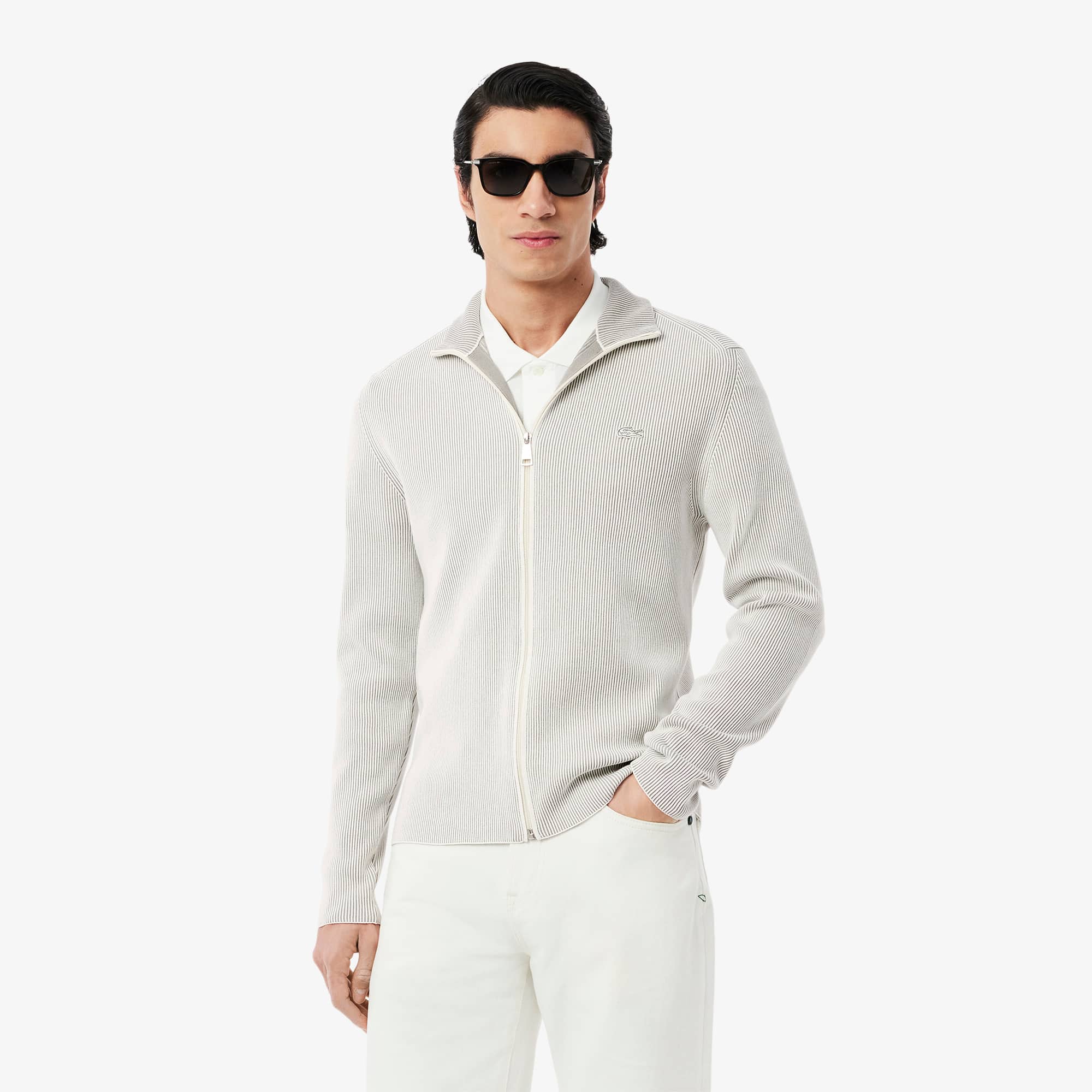 Suéter com Zíper Duplo Canelado e Listras Elegantes Lacoste