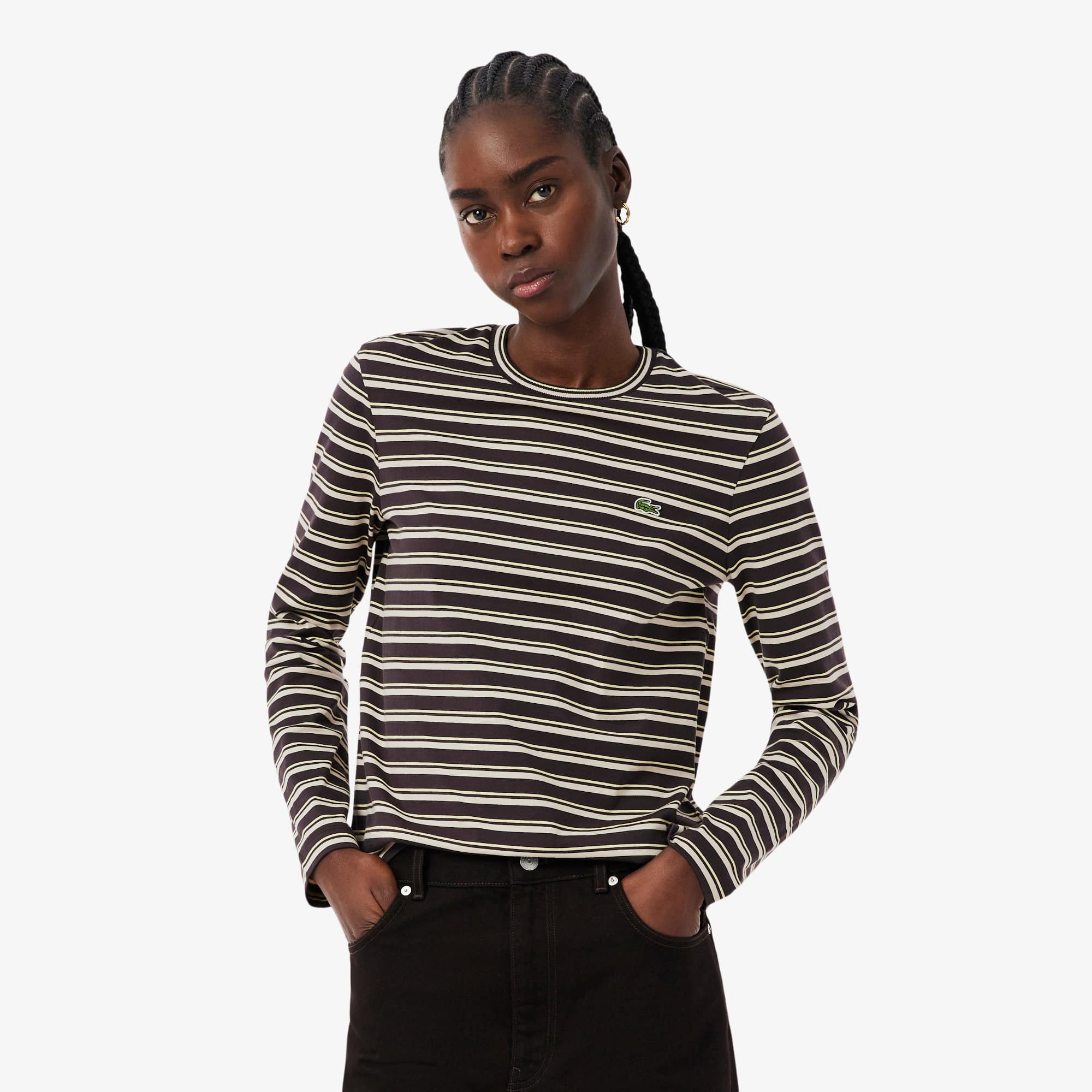 Camiseta de malha listrada de manga longa - Camisetas Femininas