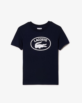 Camiseta infantil em j&eacute;rsei de algod&atilde;o com assinatura contrastante