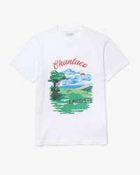 Camiseta masculina em algod&atilde;o com estampa de paisagem e decote careca