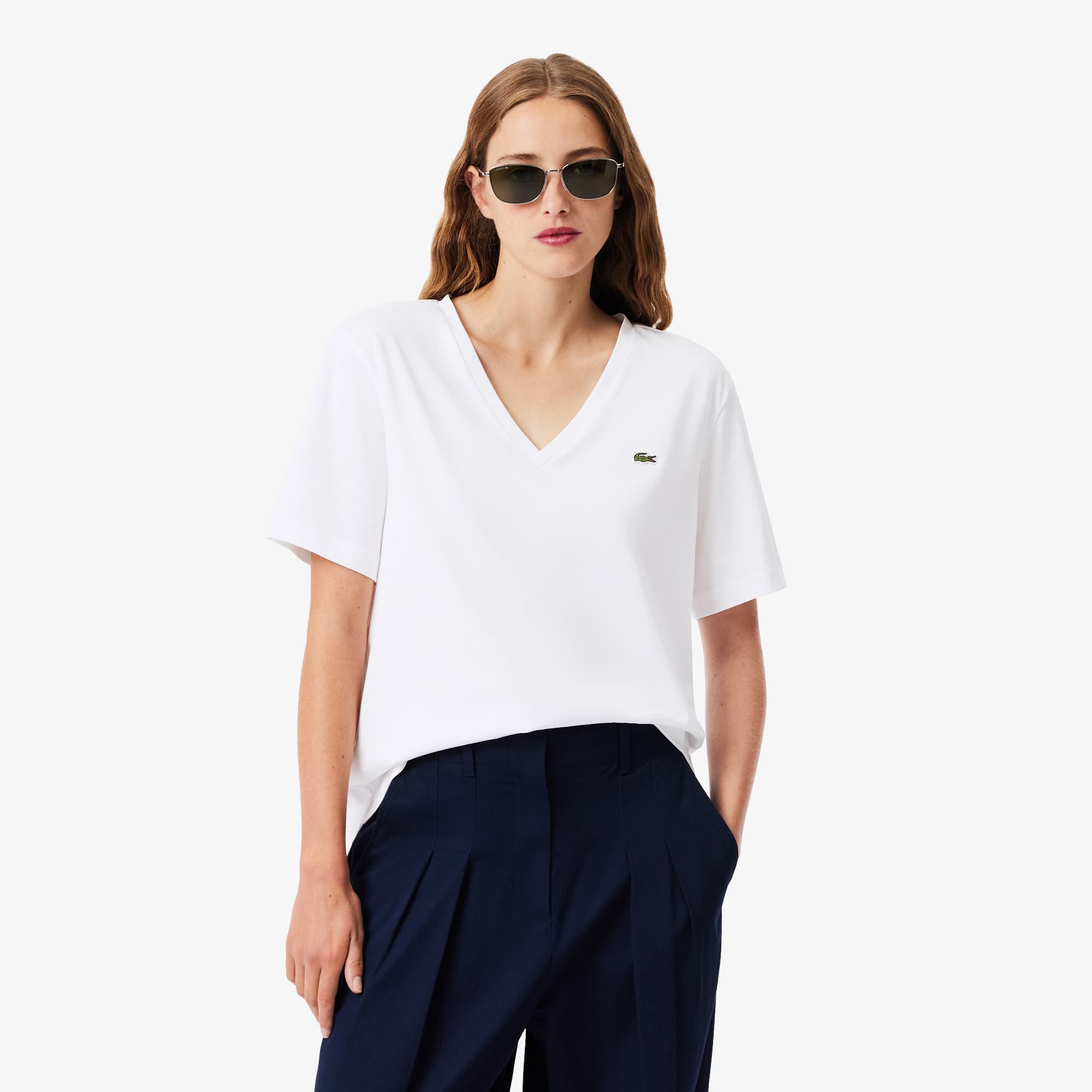 latte620　レディース　BLK S Camiseta Feminina de Algodão com Gola V e Caimento Relaxado