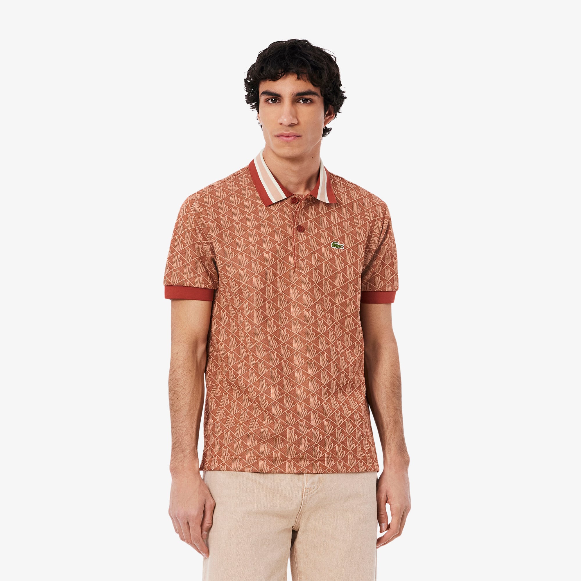 【LEINWANDE】 Landscape Jacquard Polo Polo Lacoste Masculina com Gola Contrastante e Monograma