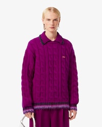 Suéter de Gola Polo em Malha de Lã com Padrão Trançado