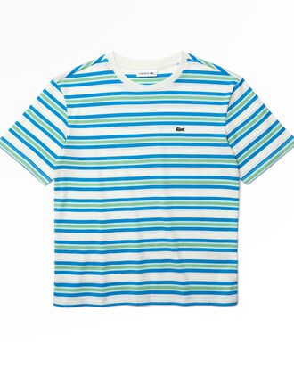 Camiseta feminina em algod&atilde;o listrado com decote careca