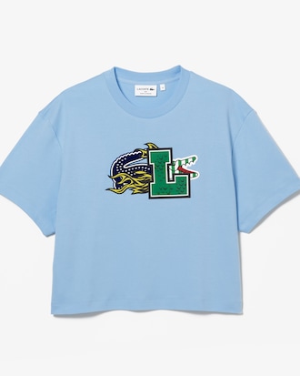 Camiseta feminina Lacoste Holiday em algod&atilde;o org&acirc;nico com modelagem oversized