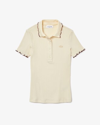 Polo feminina Lacoste slim fit em ribana com detalhes de babados coloridos