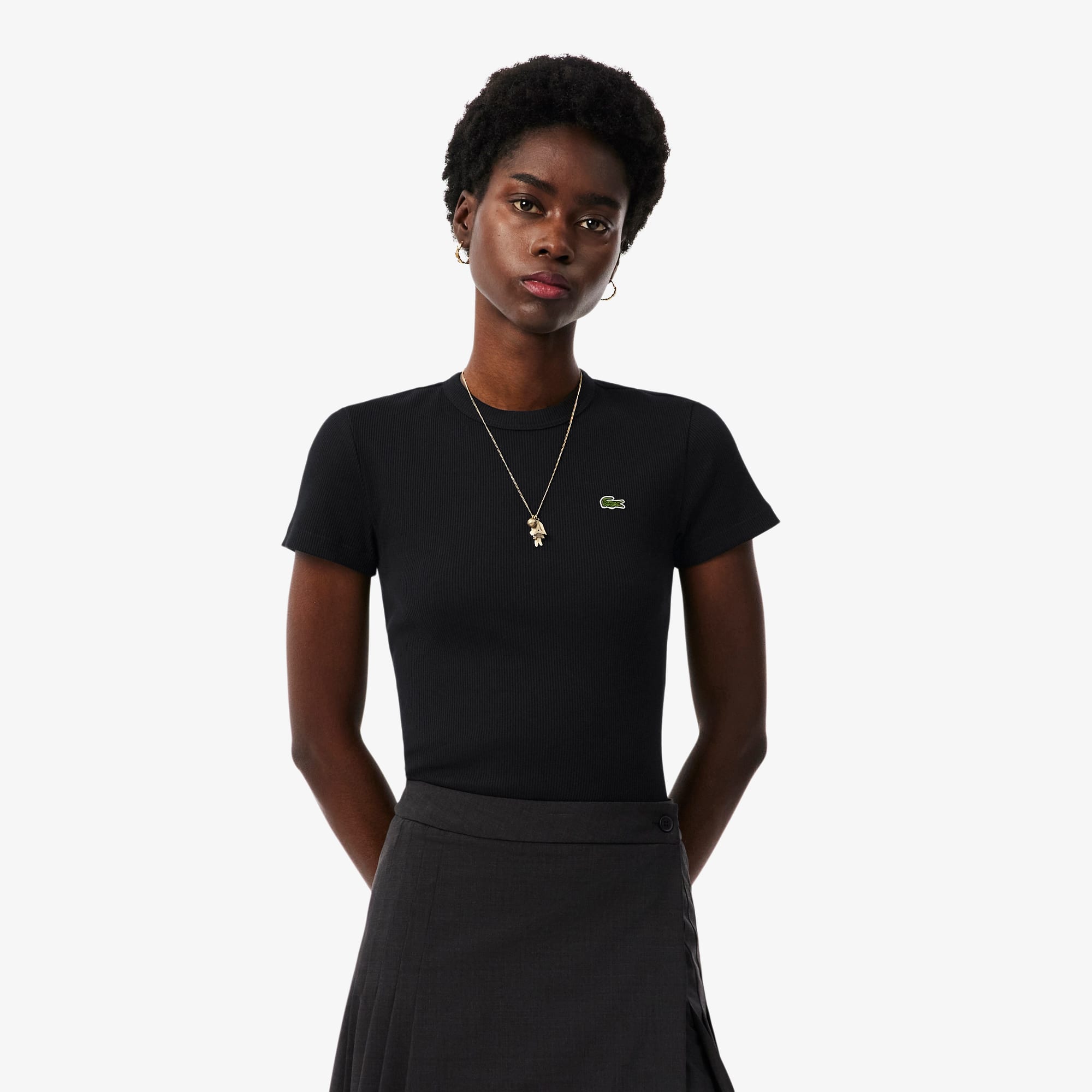 Camiseta Canelada Feminina Lacoste com Gola Redonda