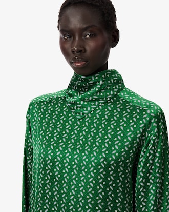 Vestido com Gola e Lenço de Cetim Estampado Runway