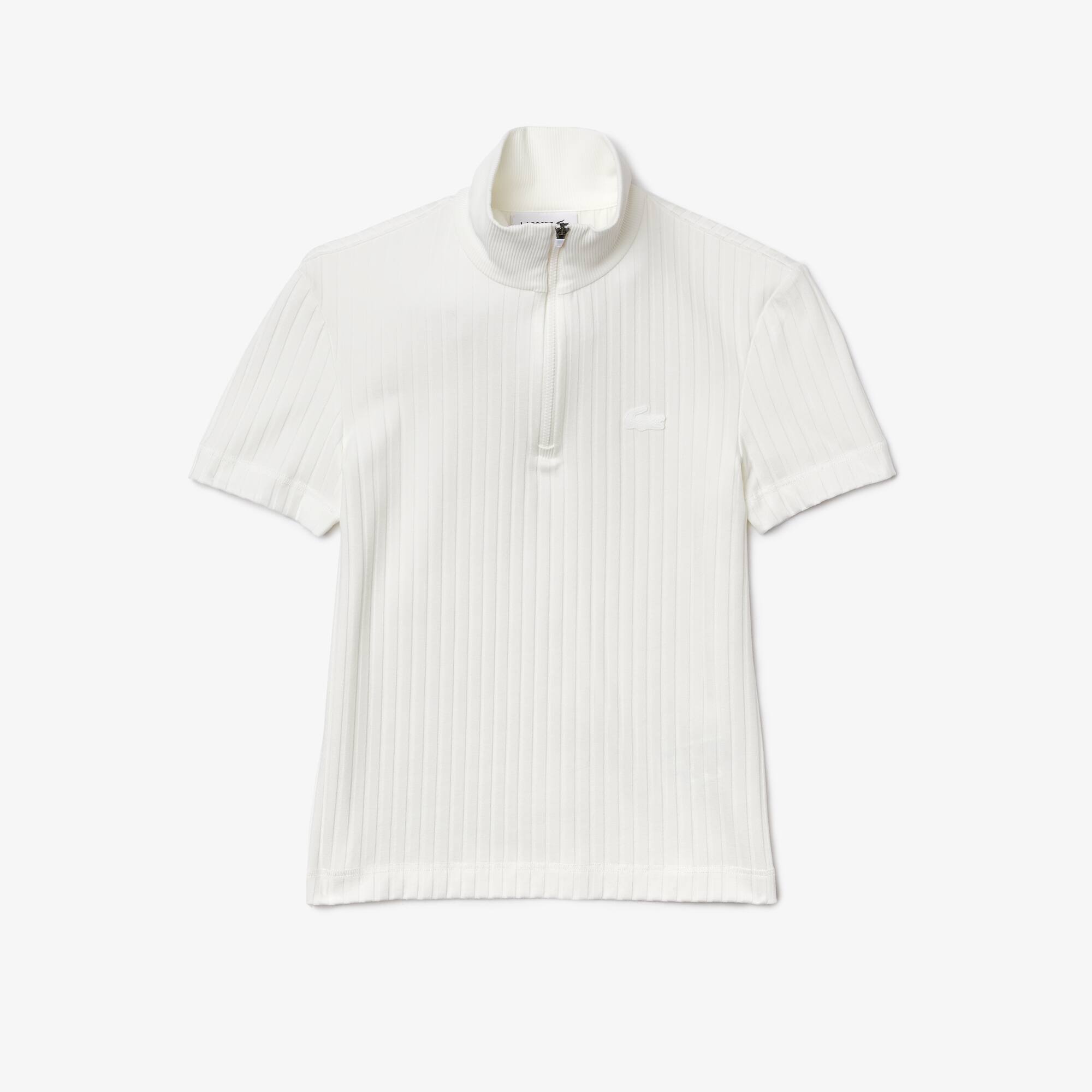 Polo feminina Lacoste Slim Fit em ribana com gola alta com zíper