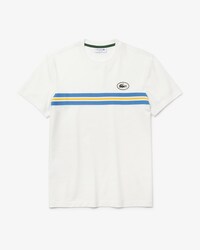 Camiseta masculina Heritage em algod&atilde;o com faixa listrada e emblema