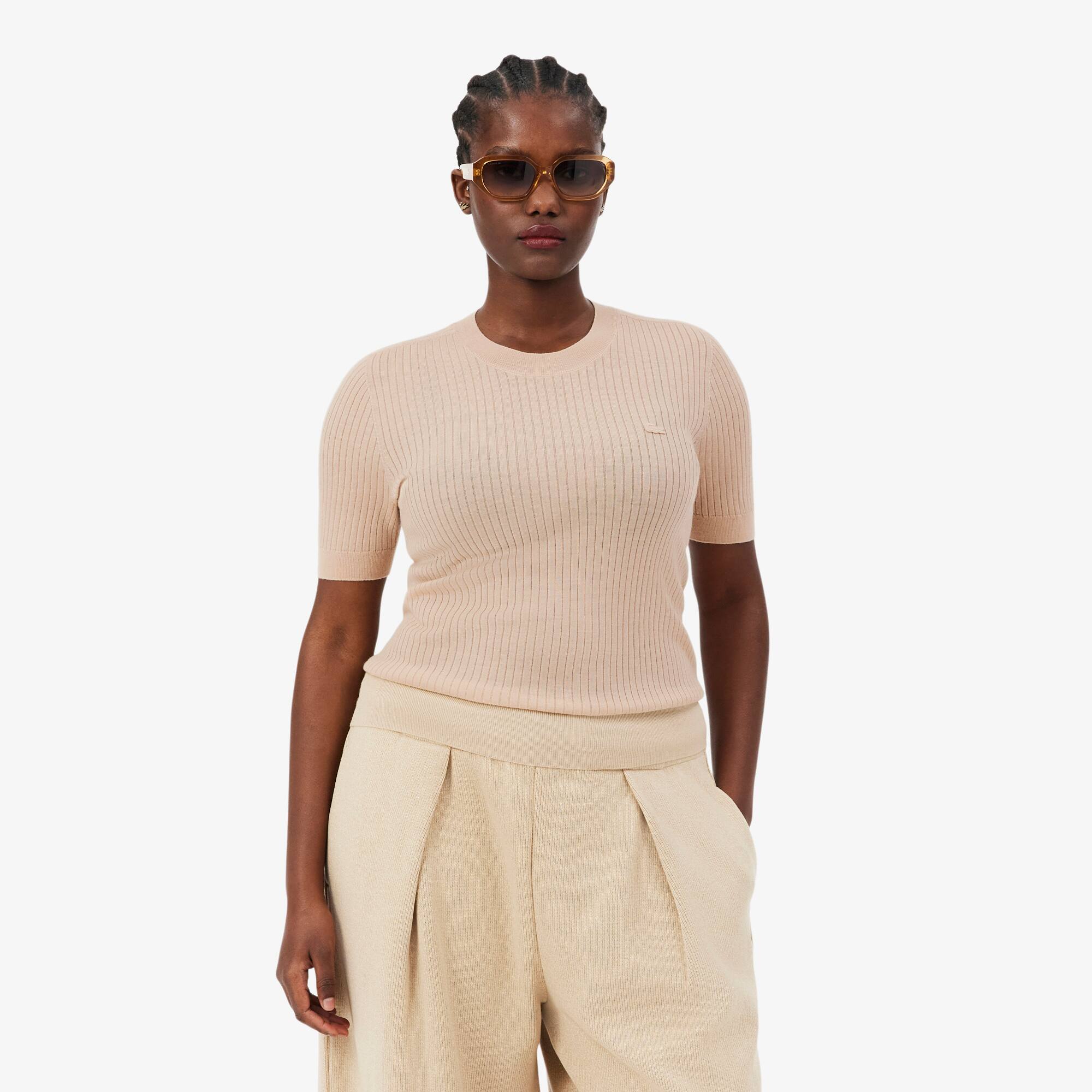 Suéter Feminino Lacoste de Lã Merino Canelada Curto