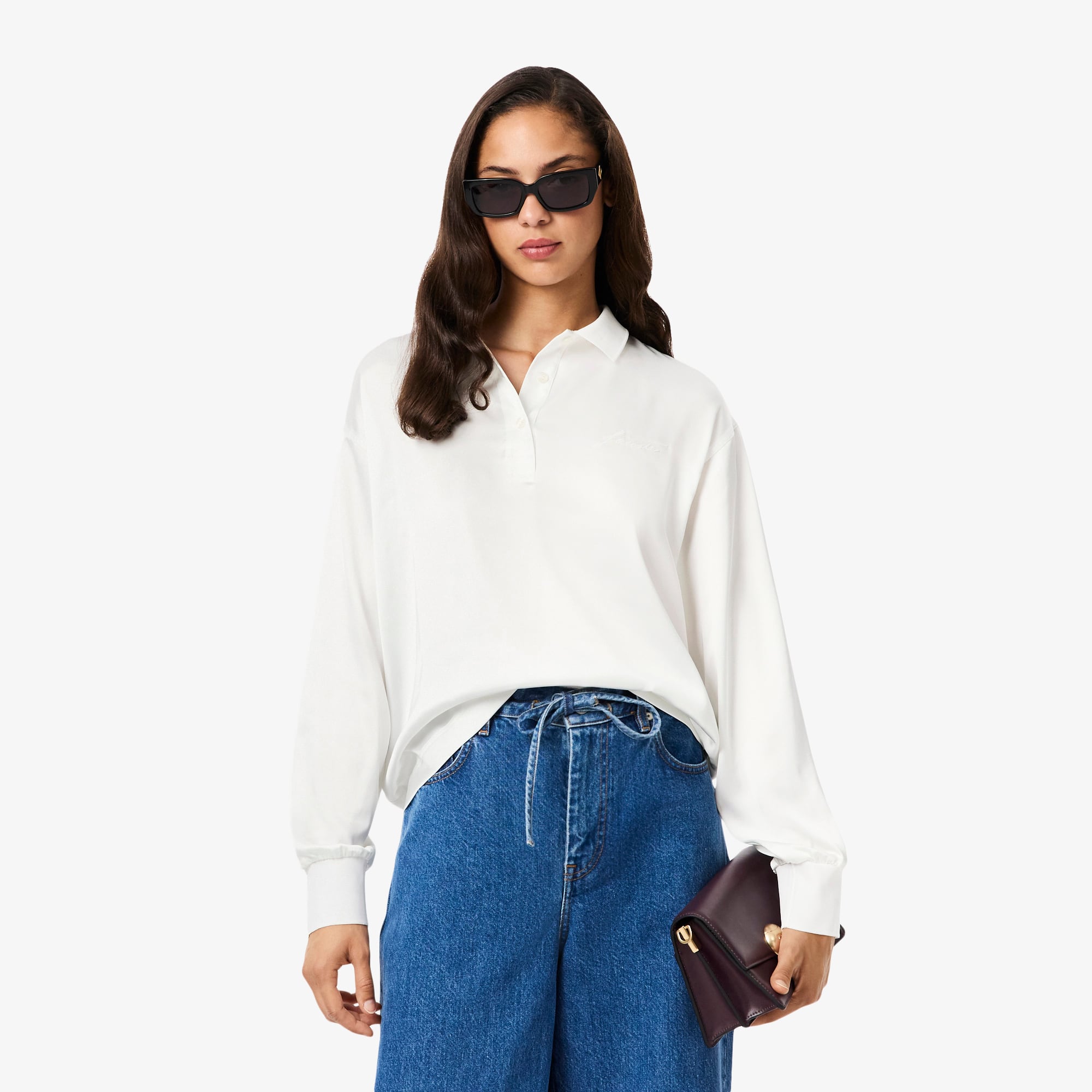 Camisa Polo Feminina Lacoste Oversized Manga Longa de Cetim