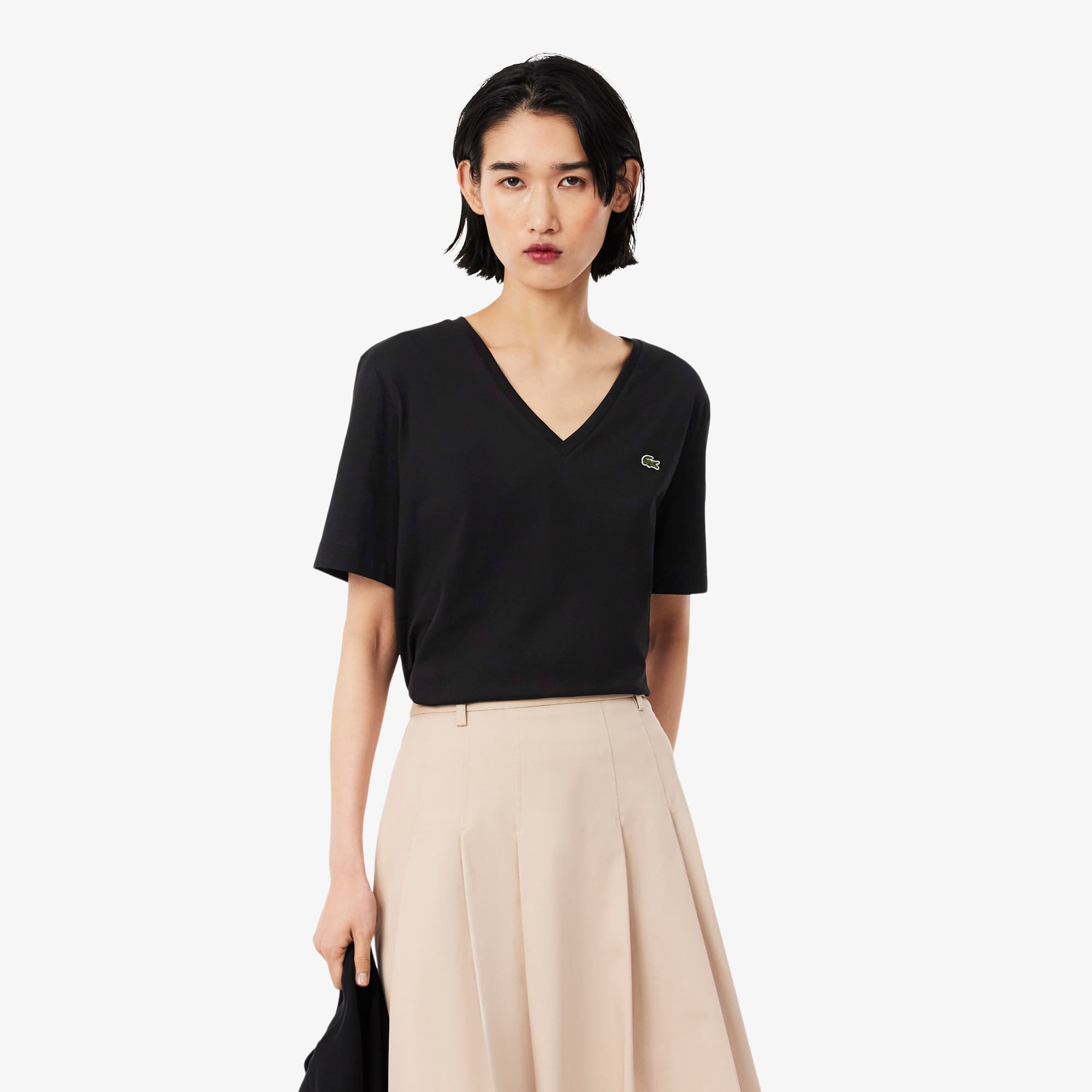 latte620　レディース　BLK S Camiseta Feminina de Algodão com Gola V e Caimento Relaxado