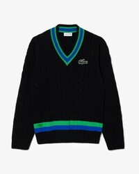 Su&eacute;ter tran&ccedil;ado com decote em V e detalhe listrado