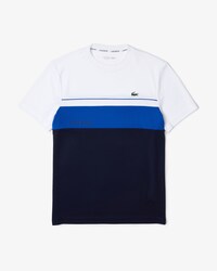 Camiseta masculina Lacoste SPORT em tecido respir&aacute;vel com decote careca e colorblock