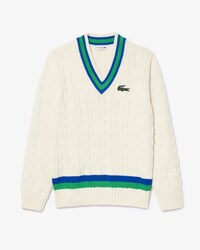 Su&eacute;ter tran&ccedil;ado com decote em V e detalhe listrado