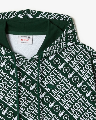 Moletom feminino Lacoste x Netflix em algod&atilde;o org&acirc;nico com capuz