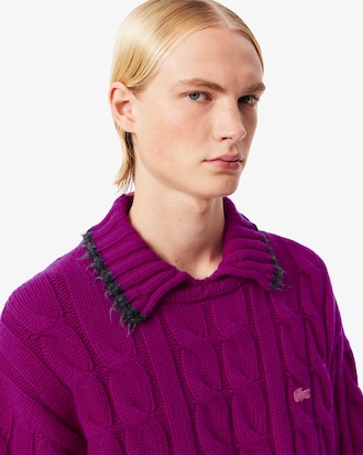 Suéter de Gola Polo em Malha de Lã com Padrão Trançado