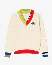 Su&eacute;ter feminino Lacoste em tric&ocirc; tran&ccedil;ado colorido com decote em V