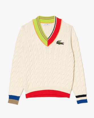 Su&eacute;ter feminino Lacoste em tric&ocirc; tran&ccedil;ado colorido com decote em V