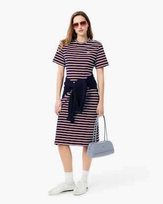 Vestido Tshirt Midi Manga Curta Jersey Raye Listrado