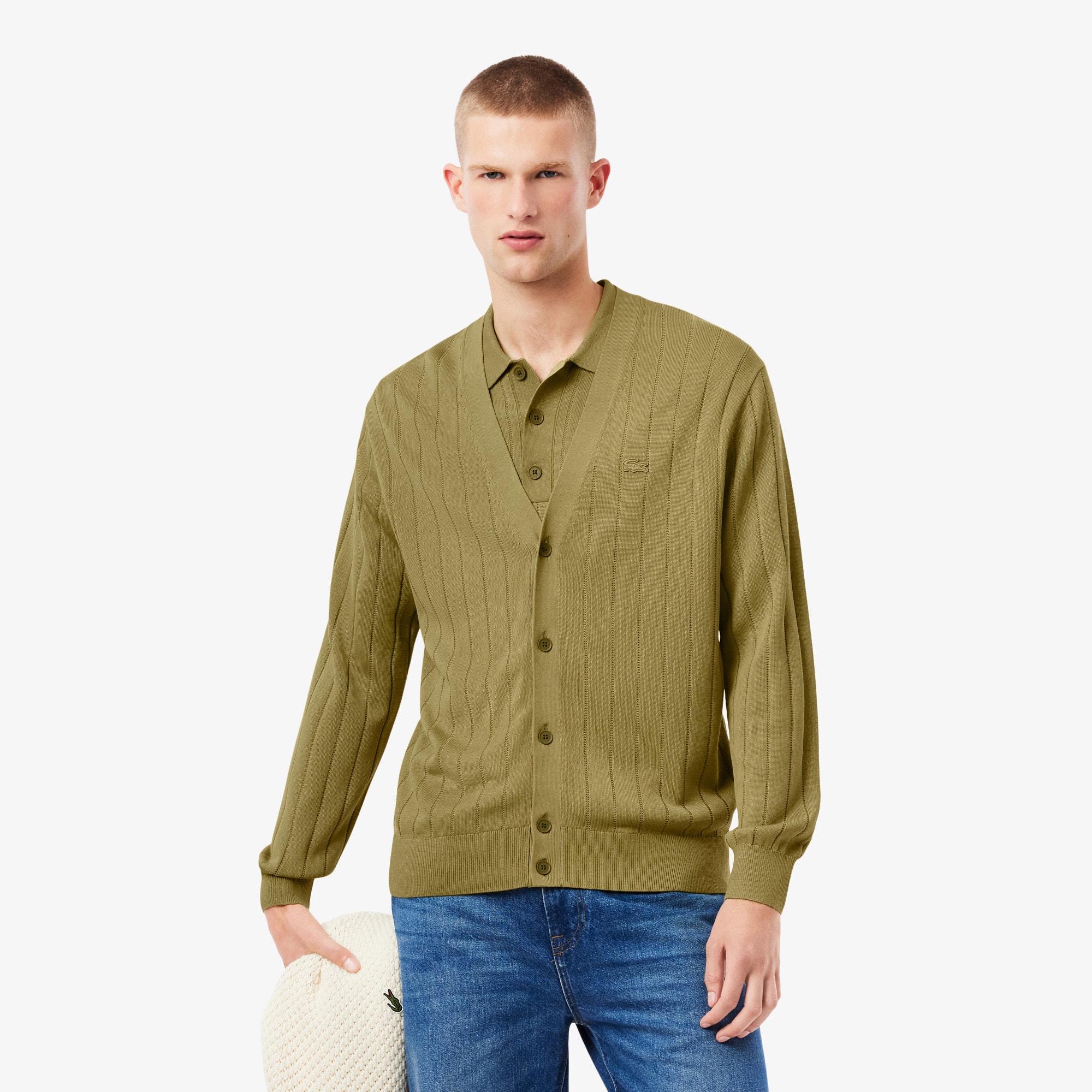 Cardigan Masculino Lacoste Costurado Canelado em Algodão