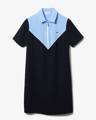 Vestido polo feminino com z&iacute;per na gola e corte fluido em colorblock