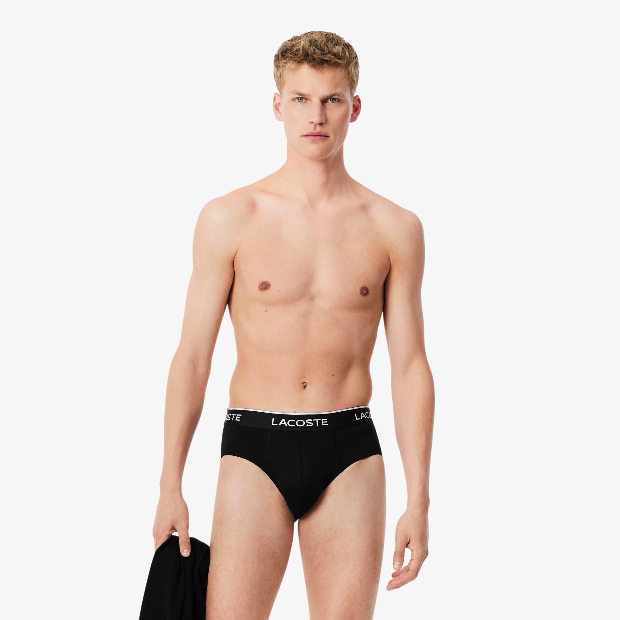 おり Cueca Lacoste Pacote com 3 Briefs Lisas em Algodão Stretch
