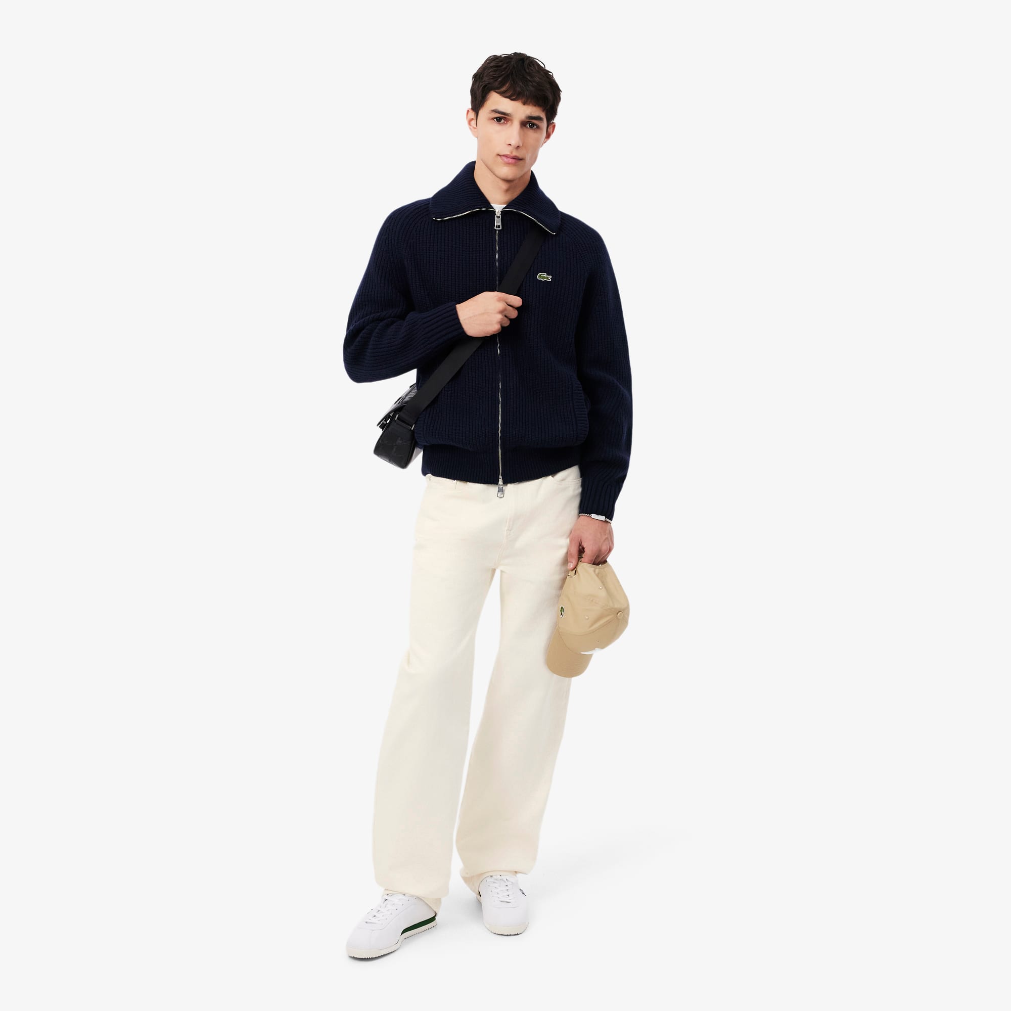 Suéter Lacoste de Gola Alta em Lã Cardada com Zíper Duplo