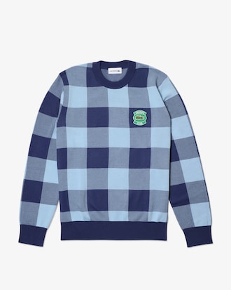 Su&eacute;ter masculino em jacquard de algod&atilde;o xadrez com decote careca