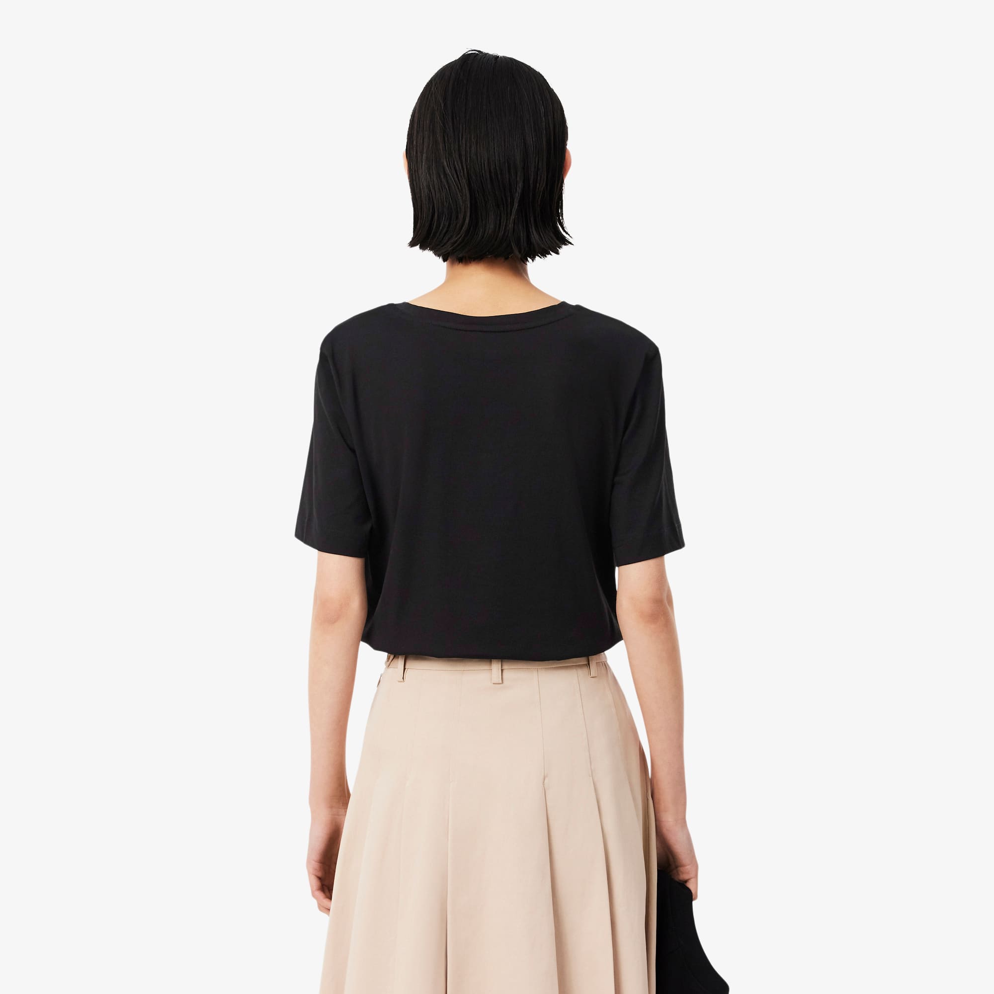 latte620　レディース　BLK S Camiseta Feminina de Algodão com Gola V e Caimento Relaxado