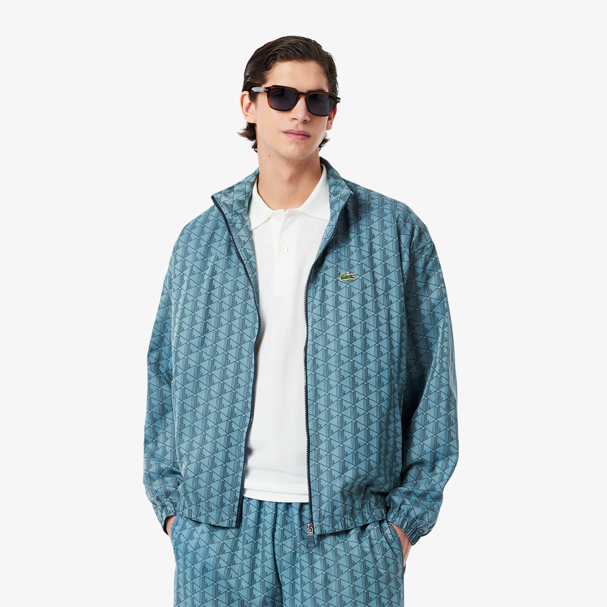 LACOSTE 水色 花柄 ナイロンジャケット US S Jaqueta Impermeavel Track Lacoste com Estampa de Monograma
